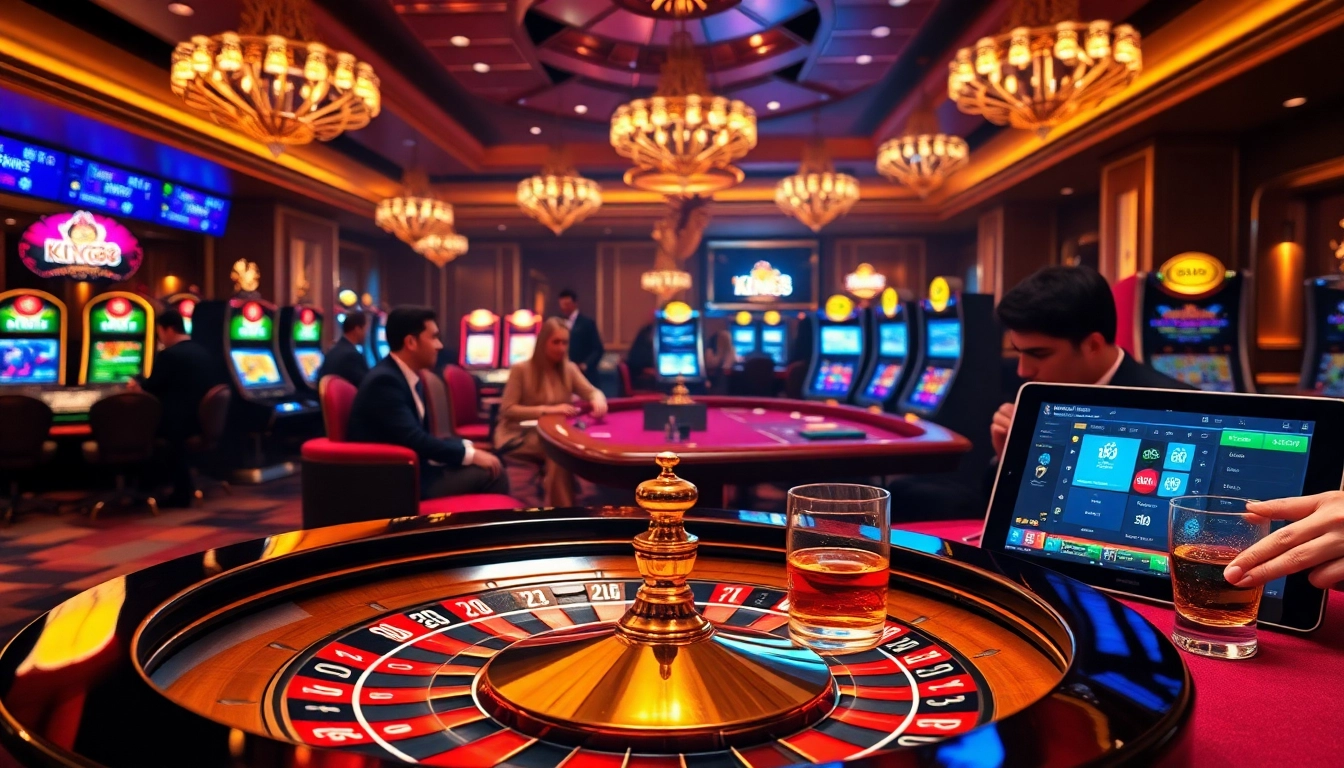 King88 casino scene featuring a roulette wheel, poker game, and vibrant lighting for an immersive gambling experience.
