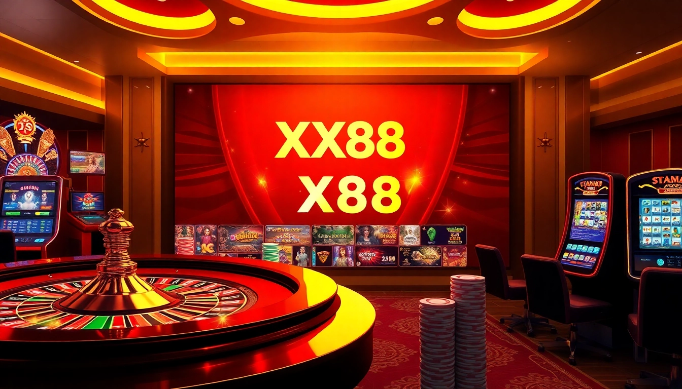 Experience the excitement of Trang chủ XX88 with vibrant casino visuals featuring roulette, poker chips, and online game interfaces.