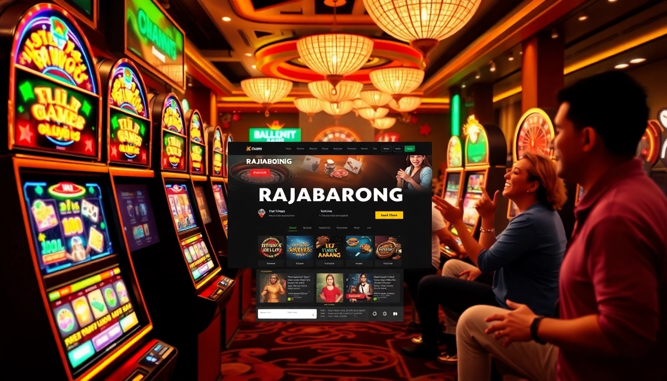 Players enjoying RAJABARONG slot games with vibrant graphics and casino atmosphere.