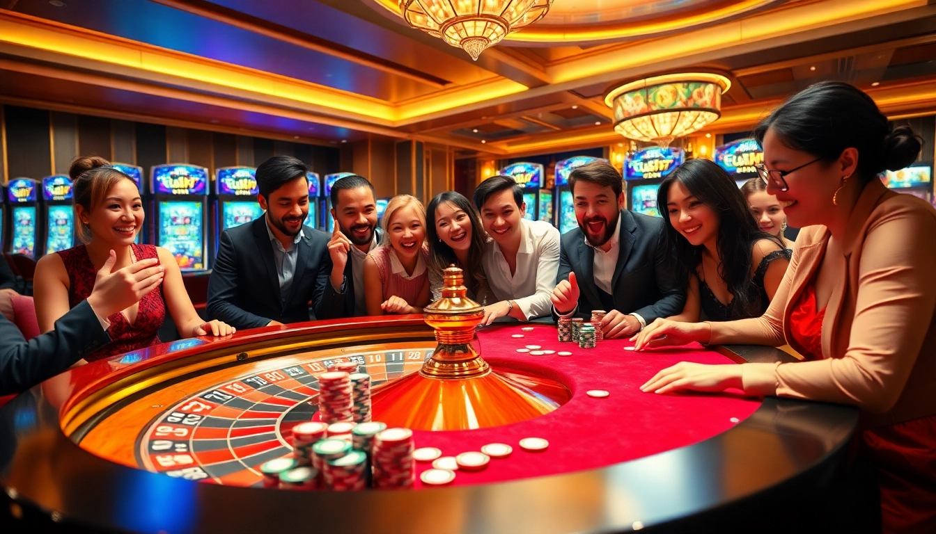 Excited gamblers at a casino table engage in risky gameplay while using 소액결제 for transactions.