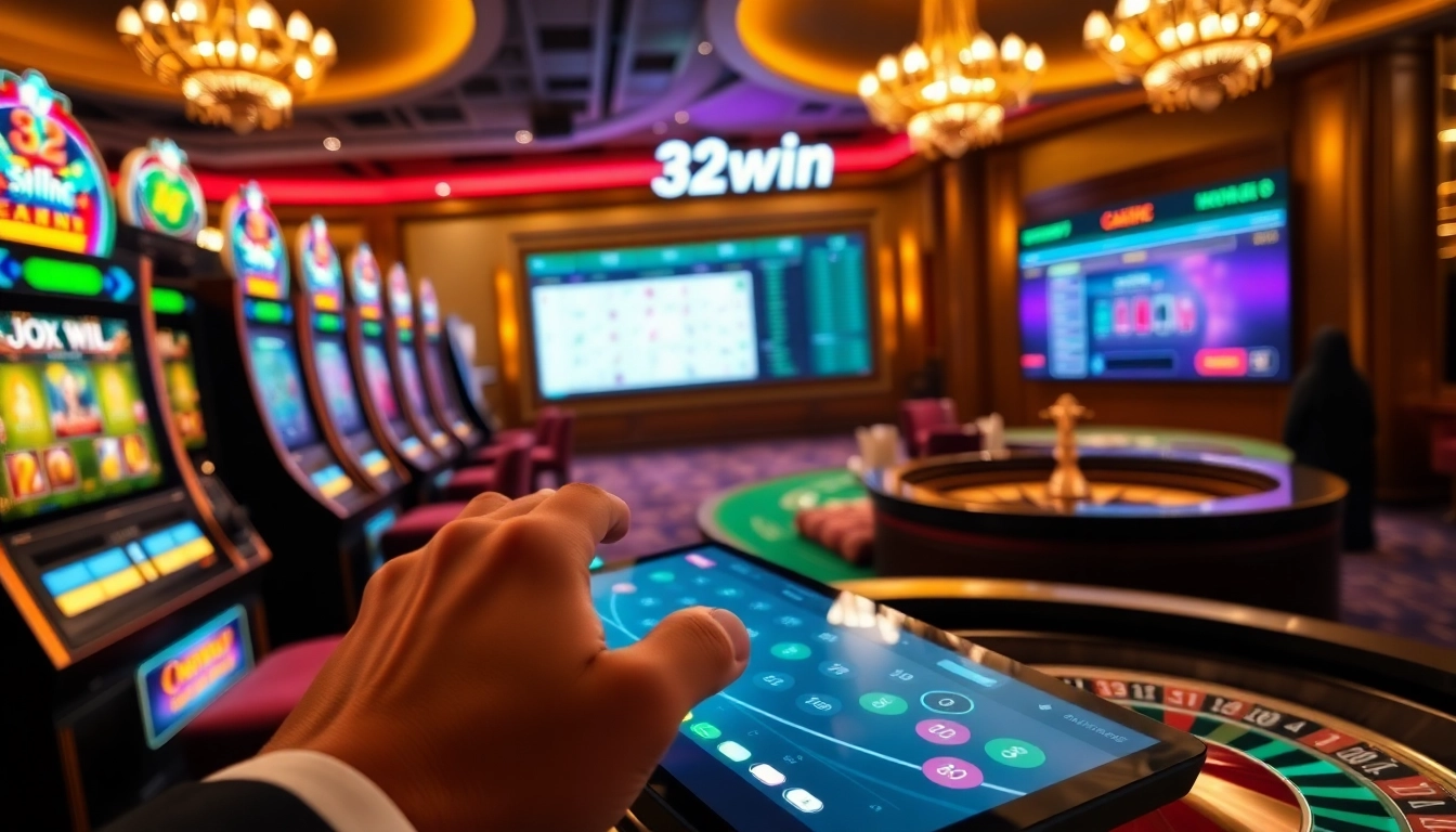 32win casino scene featuring vibrant slot machines and a digital betting platform.