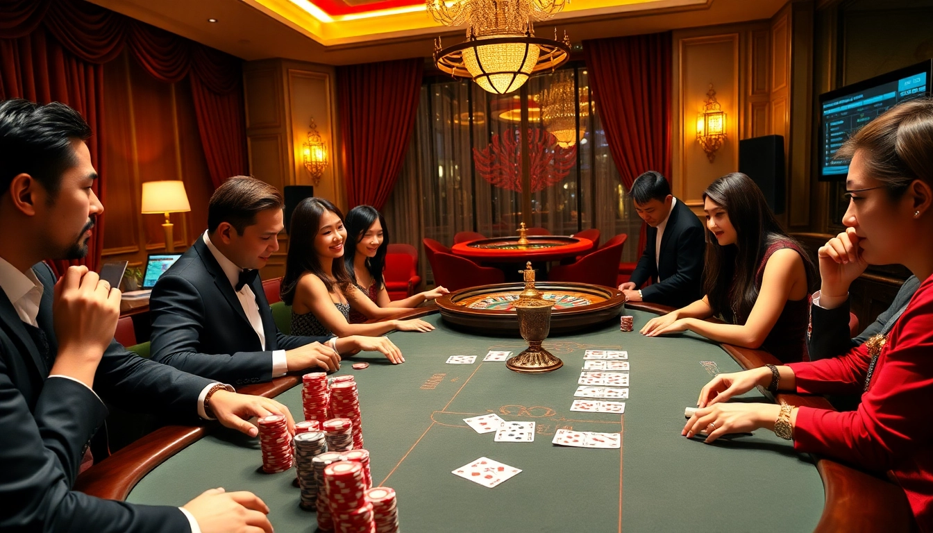 NK88 gaming scene featuring an elegant poker table, vibrant cards, and excited players in a luxurious casino.