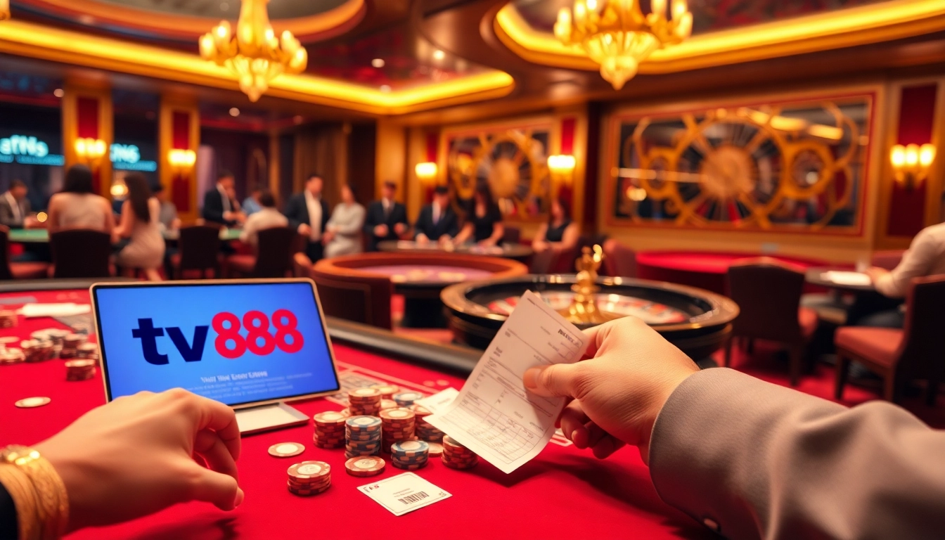 Players engage in high-stakes poker at TV88, showcasing excitement and luxury in gambling.