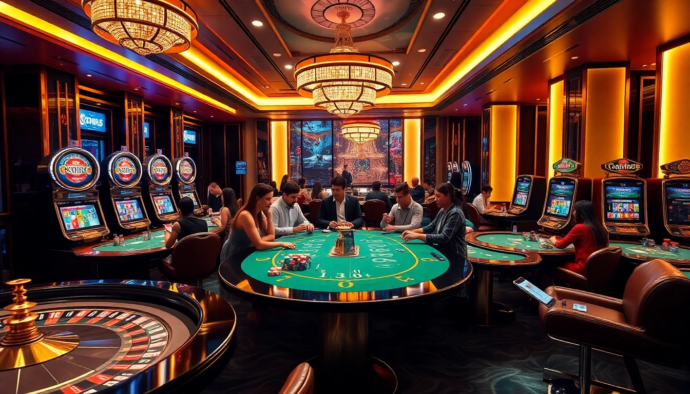 Players enjoying the thrilling RR88 Game experience at a luxurious casino lounge with roulette and slot machines.