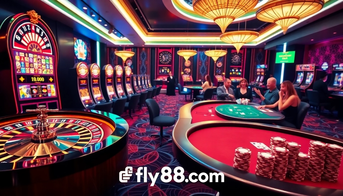 Engage with fly88.com at a captivating casino scene featuring roulette and slot machines.
