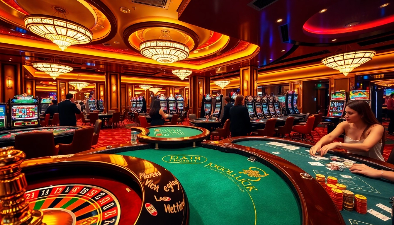 JOGOLUCK players immersed in an exciting casino atmosphere with roulette and poker.