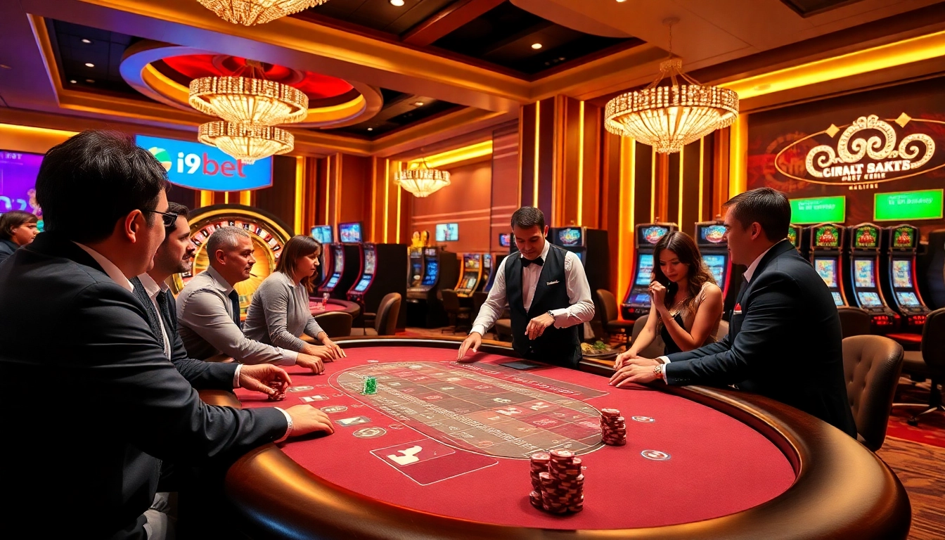 Experience the excitement of i9bet with vibrant casino visuals featuring poker chips and a roulette wheel.