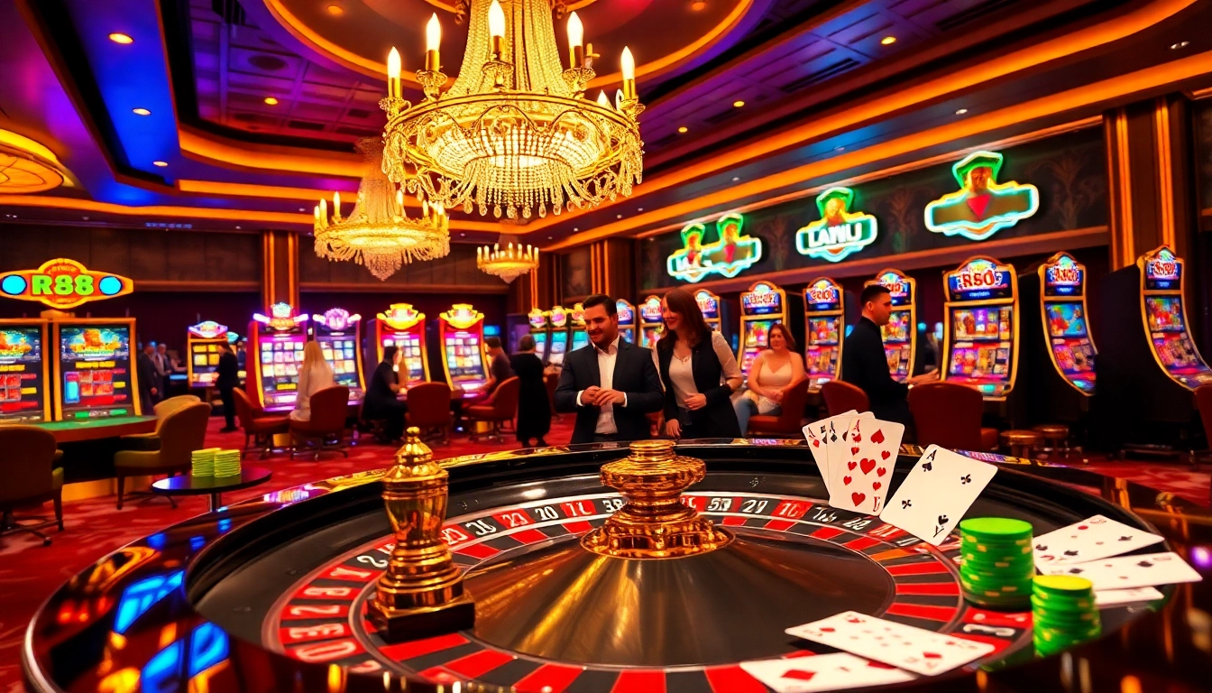 Excited players enjoying RR88 casino games at a luxury roulette table, immersed in thrilling action.