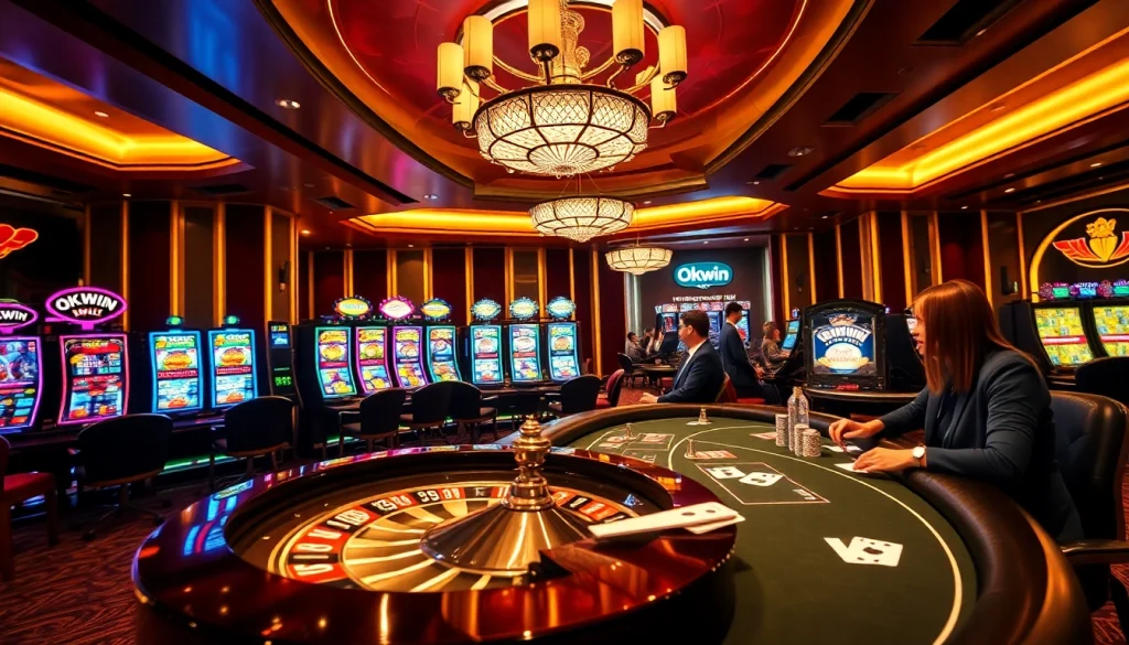 Experience excitement at Okwin's luxurious casino tables and vibrant slot machines.