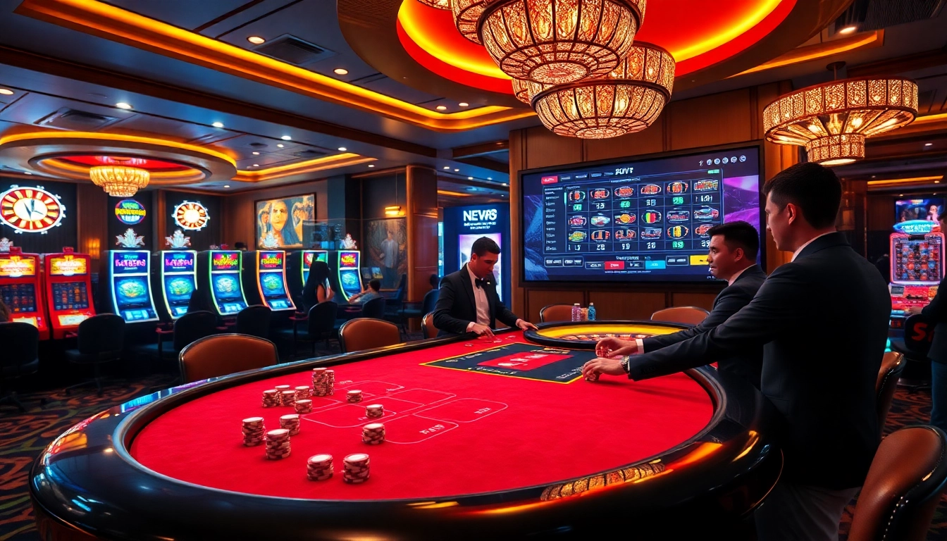 Players enjoying a thrilling game at Nhà cái NEW88's luxurious casino table with vibrant poker chips.