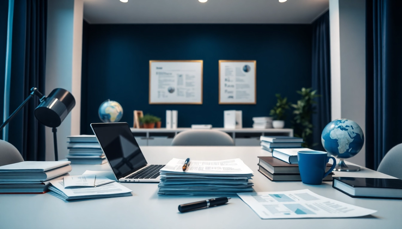 Espace de travail professionnel d'un traducteur assermenté allemand avec des documents et des outils.