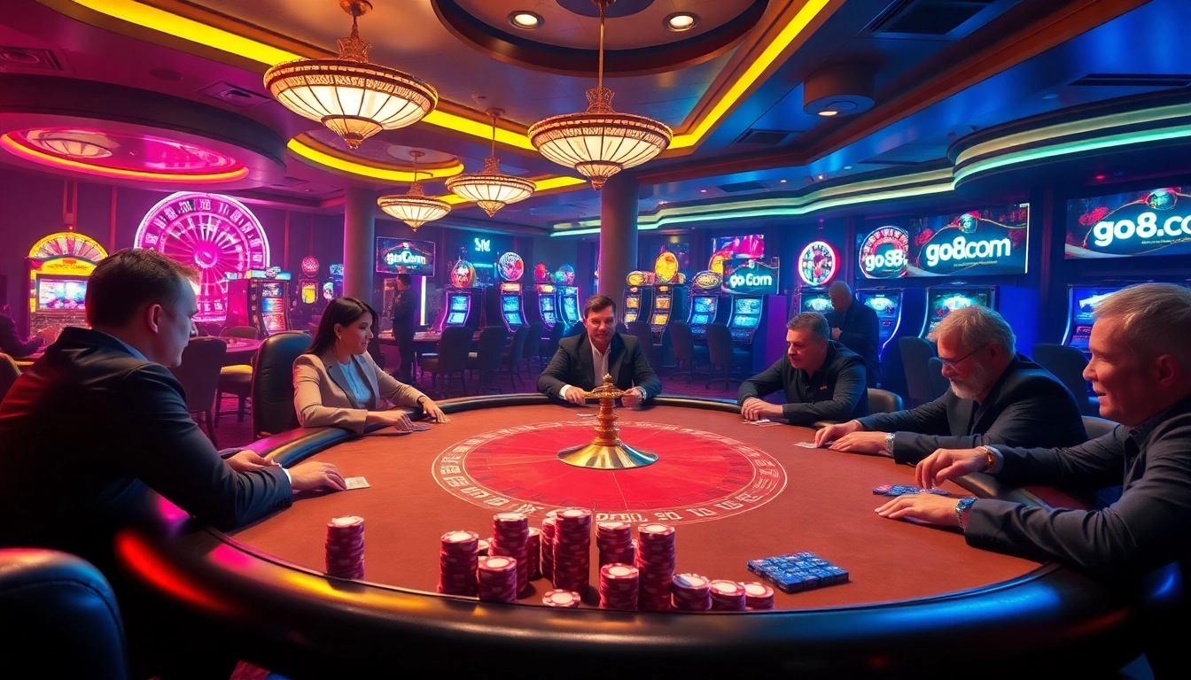 Engage in thrilling poker at go8.com with a luxurious casino setting, featuring tables, chips, and vibrant slots.