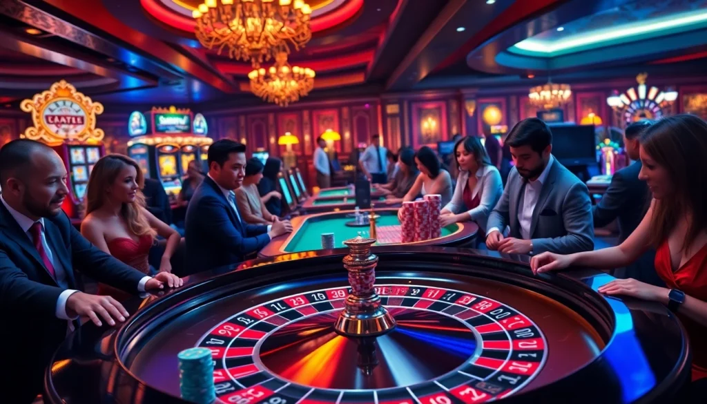 Exciting gambling scene showcasing thrilling gameplay at https://789win.apartments/ with roulette and colorful slot machines.
