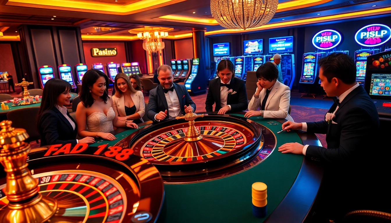 Players enjoying thrilling games at F168 com online casino with vibrant roulette table.