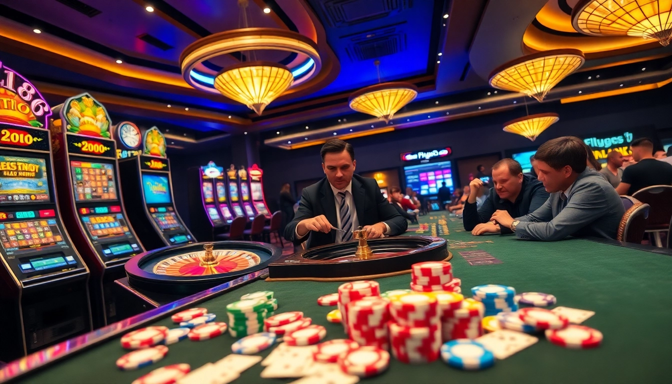 Fly88 players enjoying an exciting casino experience with vibrant slots and poker tables.