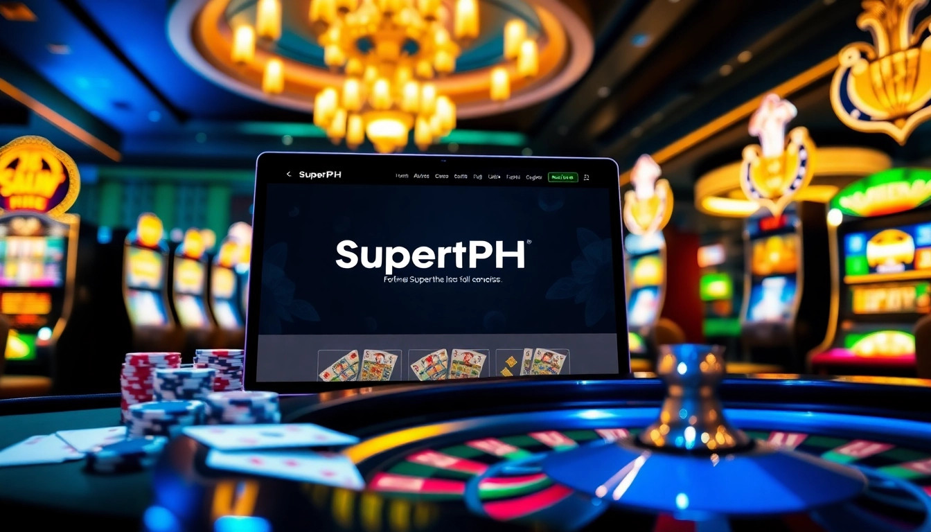 Engaging scene with the Official SuperPH website interface on a sleek device surrounded by casino elements like poker chips and cards.