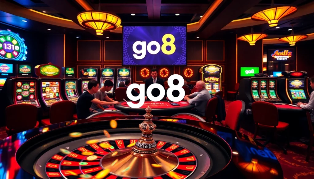 A thrilling casino scene with active players at a poker table, showcasing the excitement of go8 gaming promotions.