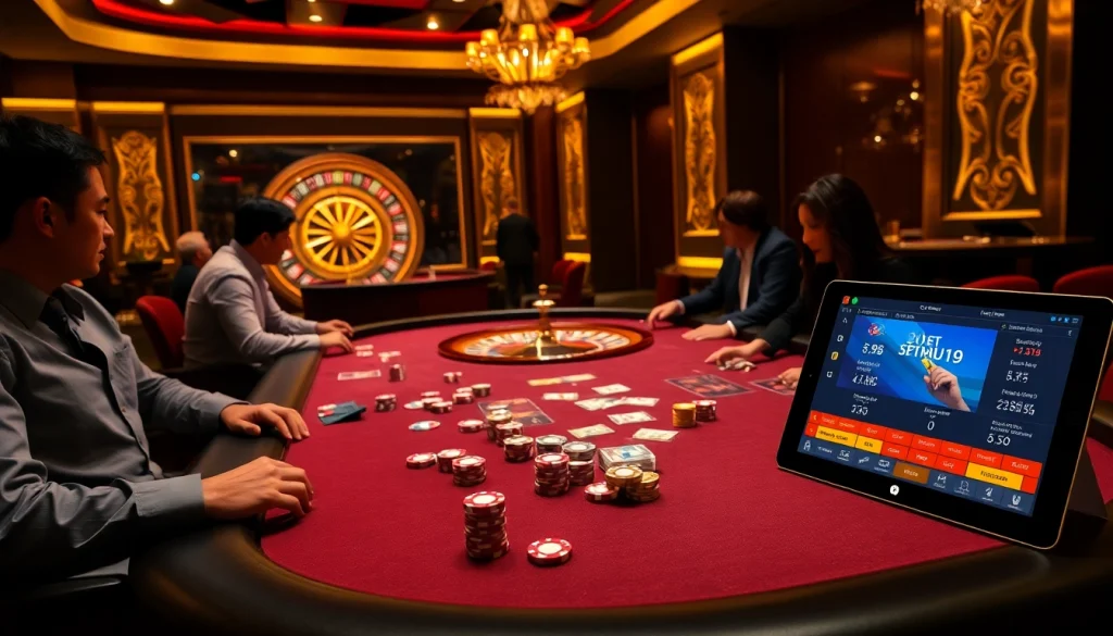 Exciting poker players engaging at TT88 casino table with vibrant chips and cards.