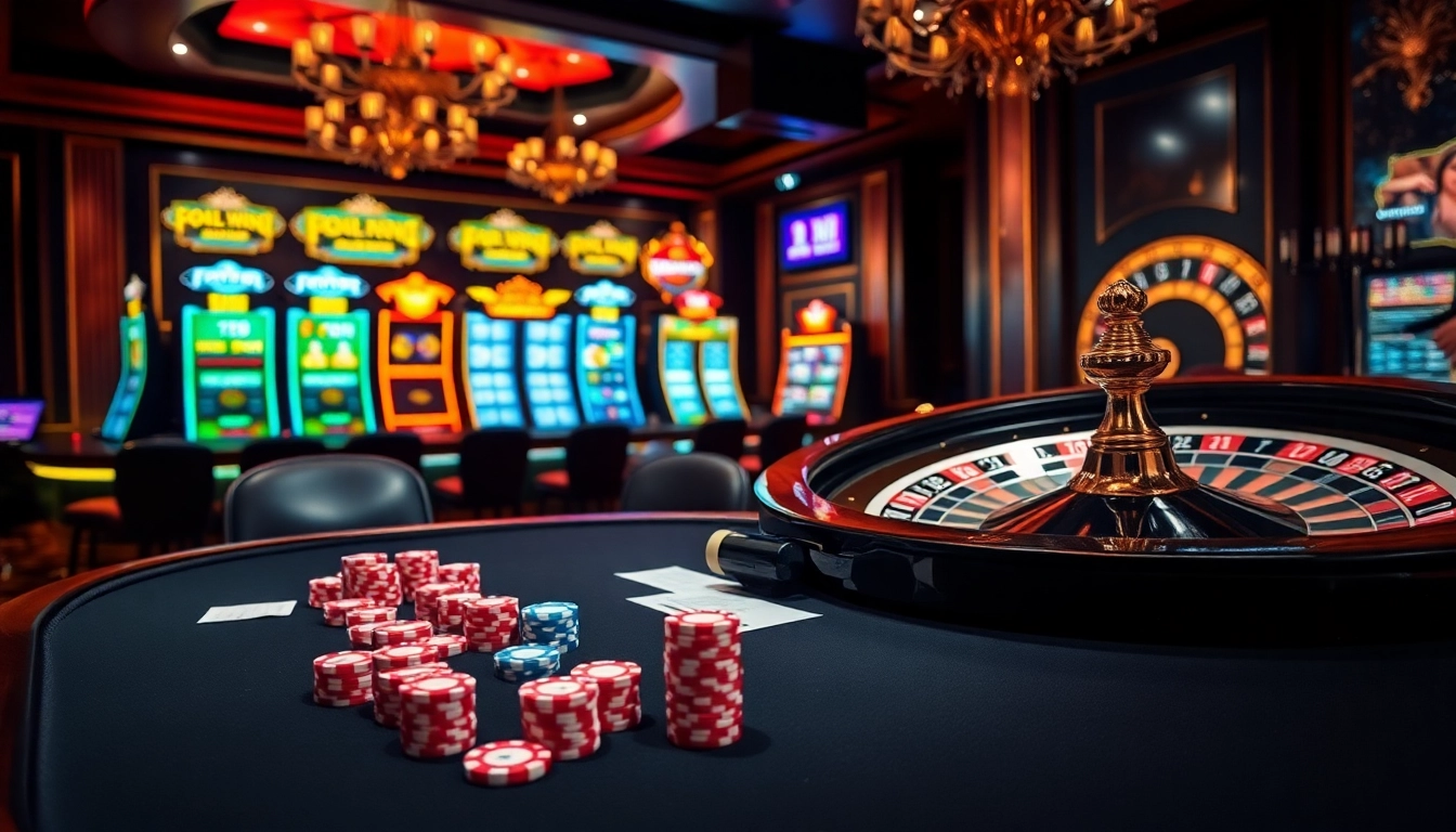 Engaging RR88 gambling scene showcasing a high-stakes poker table and roulette wheel.