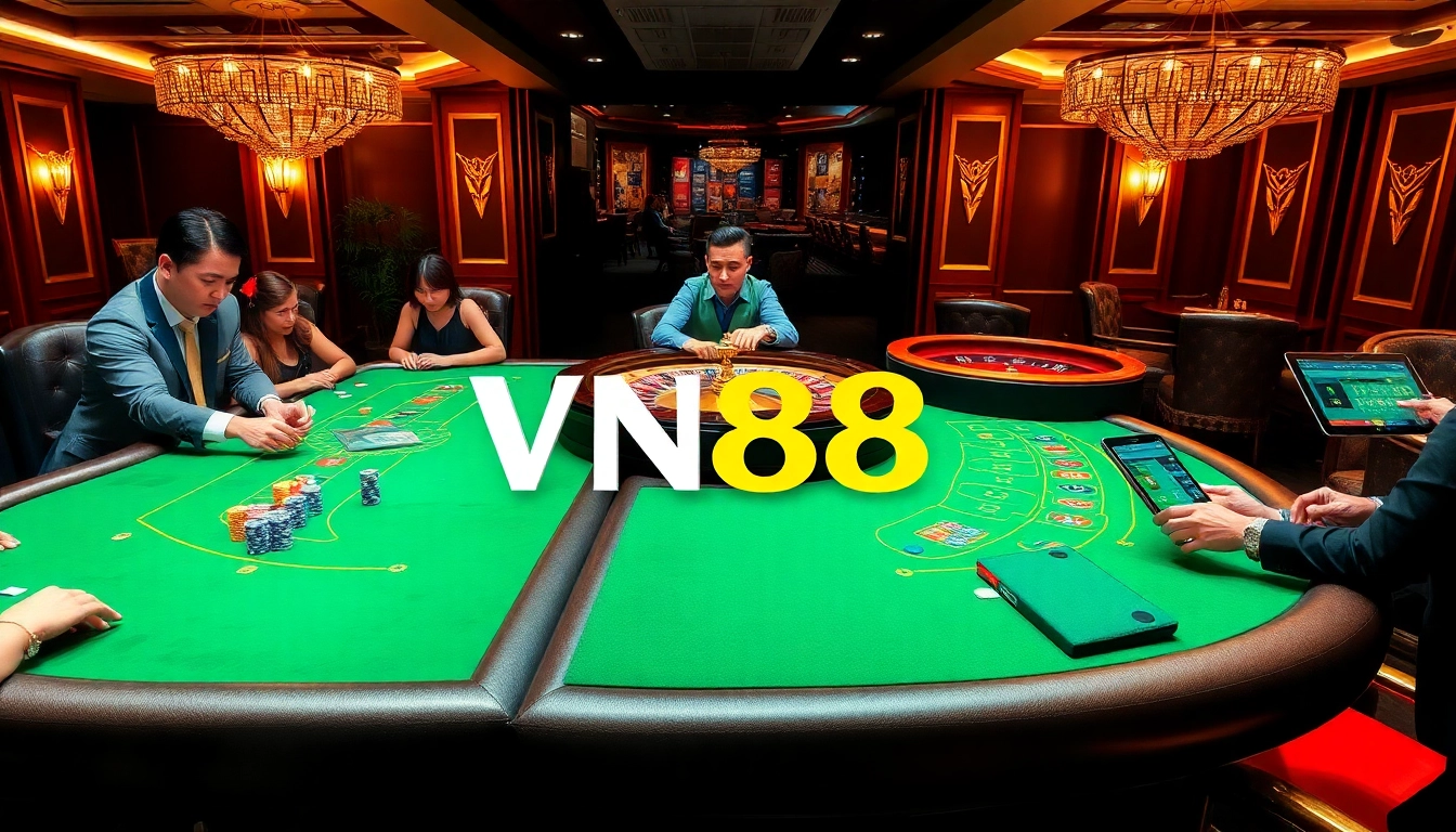 Experience thrilling gameplay at VN88 with vibrant casino tables and players enjoying a variety of games.
