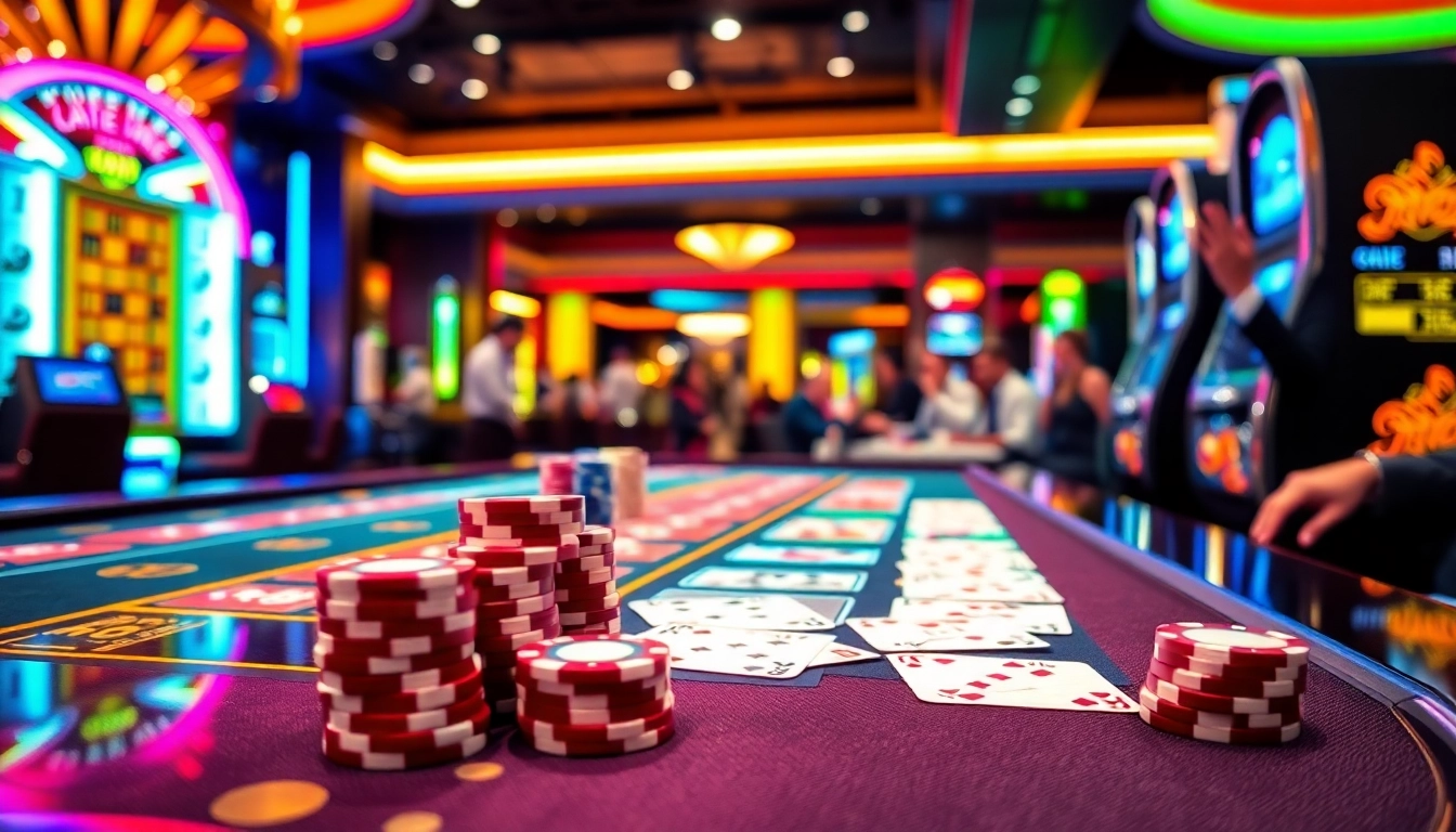 F168 gaming table with vibrant poker chips and cards in an exciting casino atmosphere.