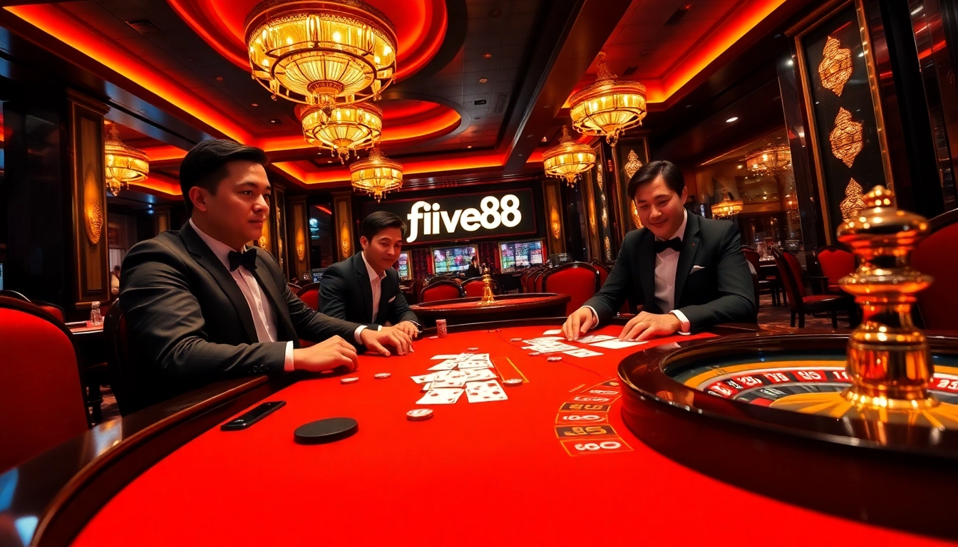 Experience the thrill of betting at five88, featuring vibrant casino tables and engaged players.