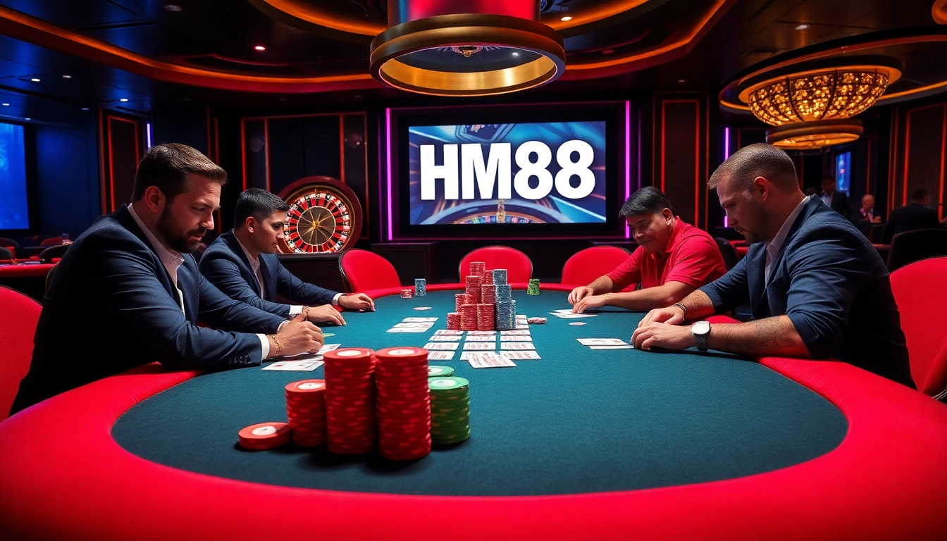 Gamble and win at HM88 casino with energetic poker players at the table.