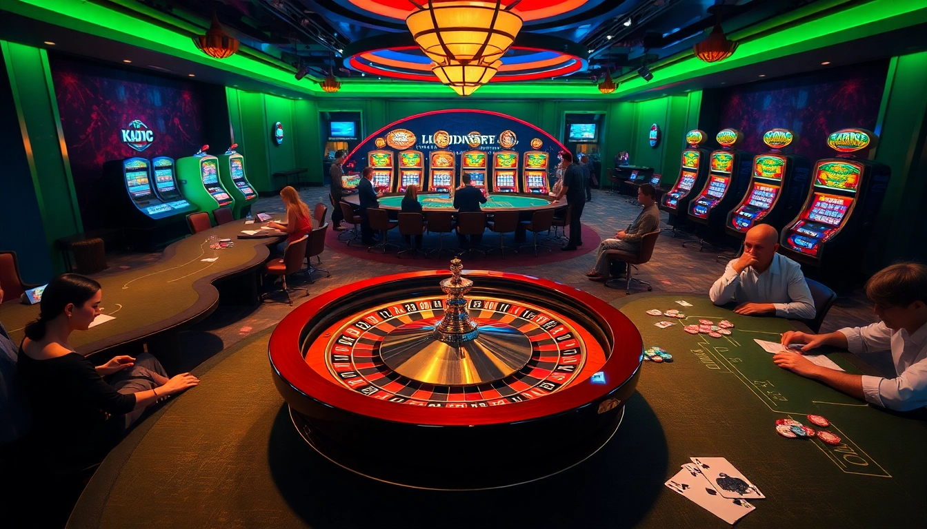 KJC brand showcases lively gambling excitement at luxurious casino tables with roulette and poker chips.