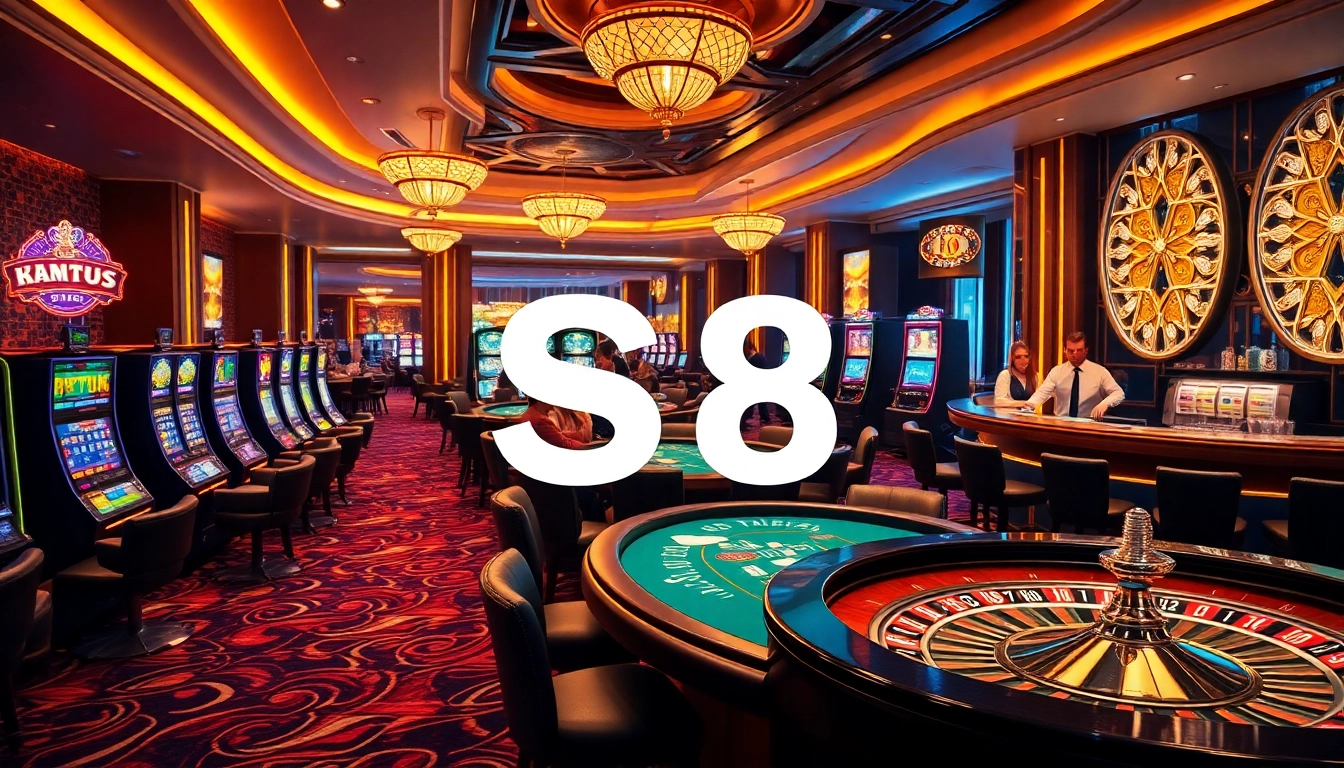 S8 players enjoying high-stakes poker at a luxurious casino table, colorful chips stacked.