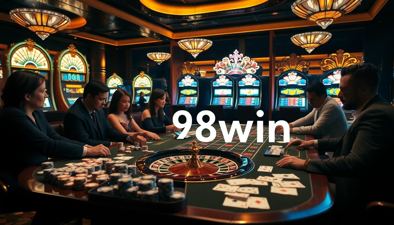 A group of gamblers strategizing at a luxurious casino table featuring 98win elements.