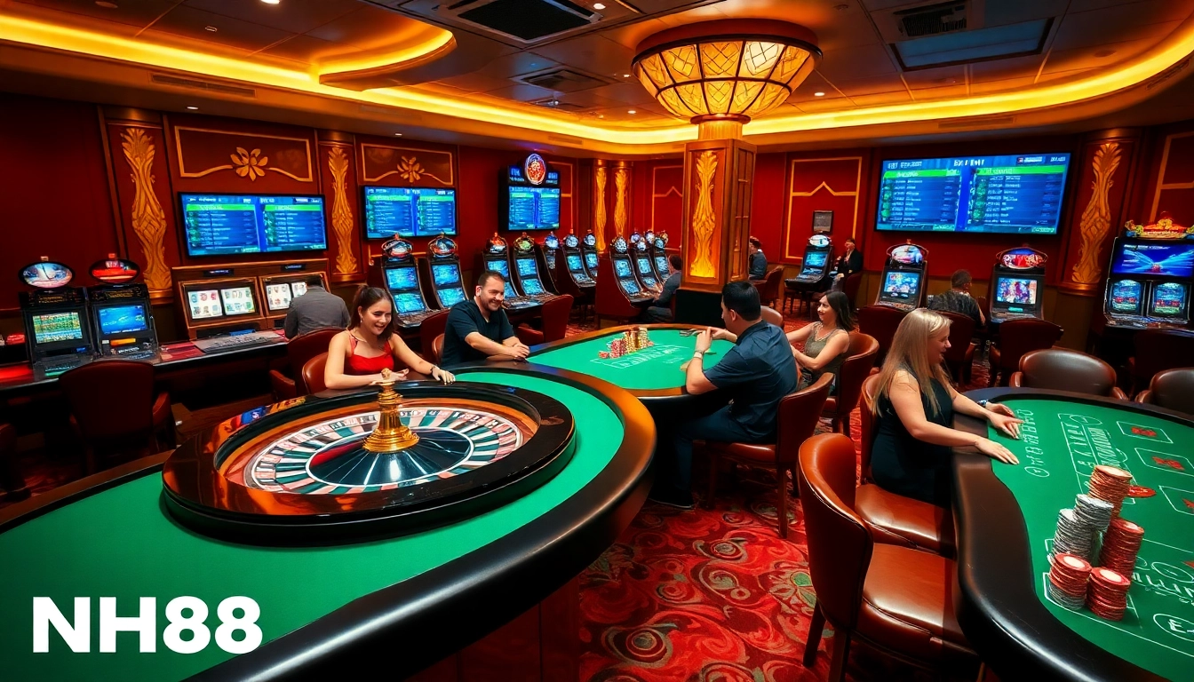 Engaging players at https://nh88vn.net/ in a vibrant casino scene with roulette and cards.