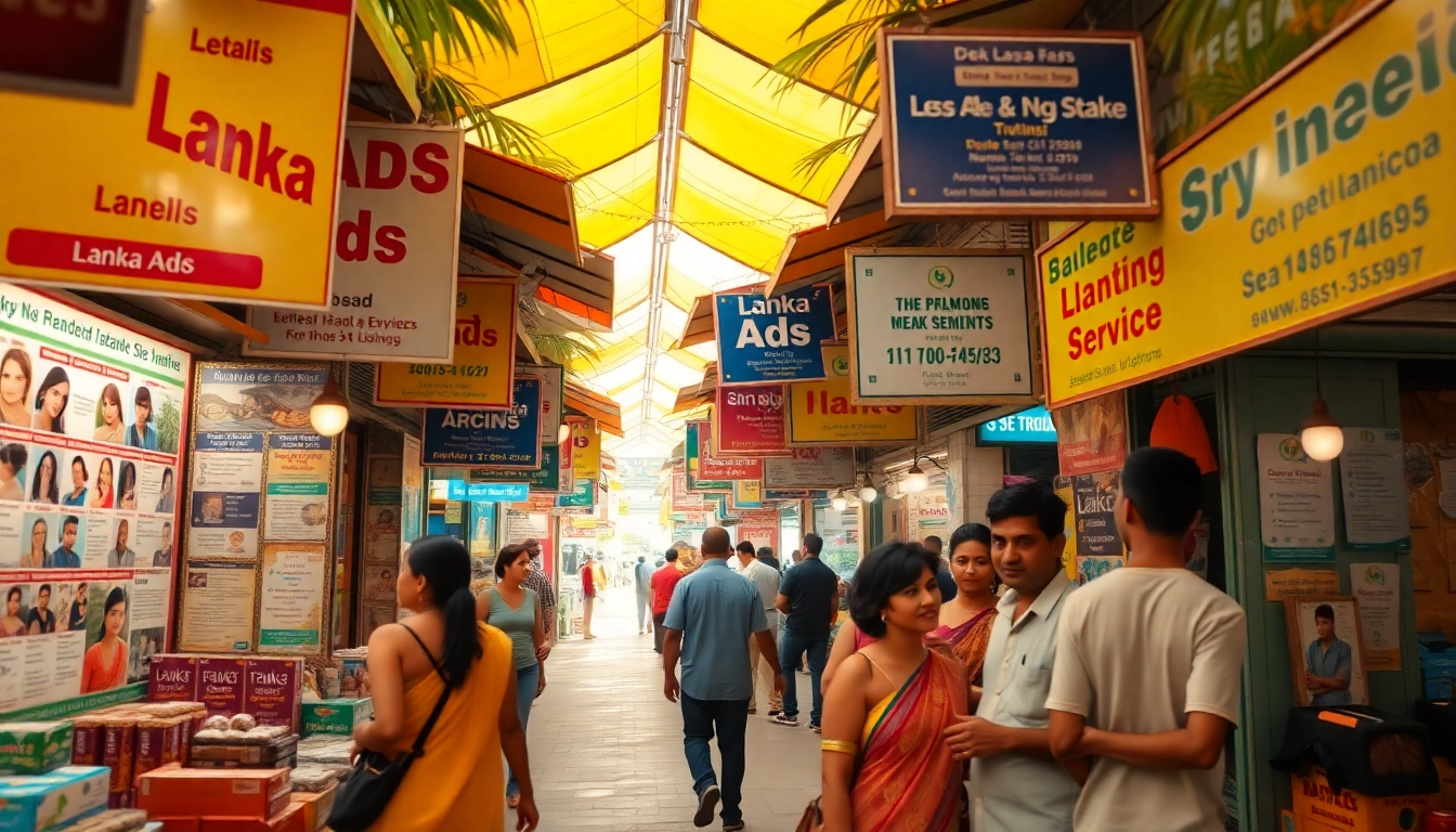 Vibrant marketplace scene featuring Lanka Ads showcasing services and personal listings in Sri Lanka.