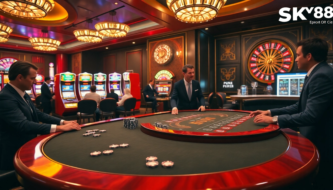 Players enjoying a high-stakes game at SKY88 casino with vibrant slot machines and roulette wheel.