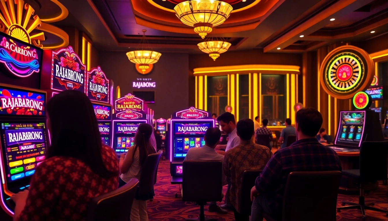 RAJABARONG slot machines illuminate a vibrant casino scene with eager players.