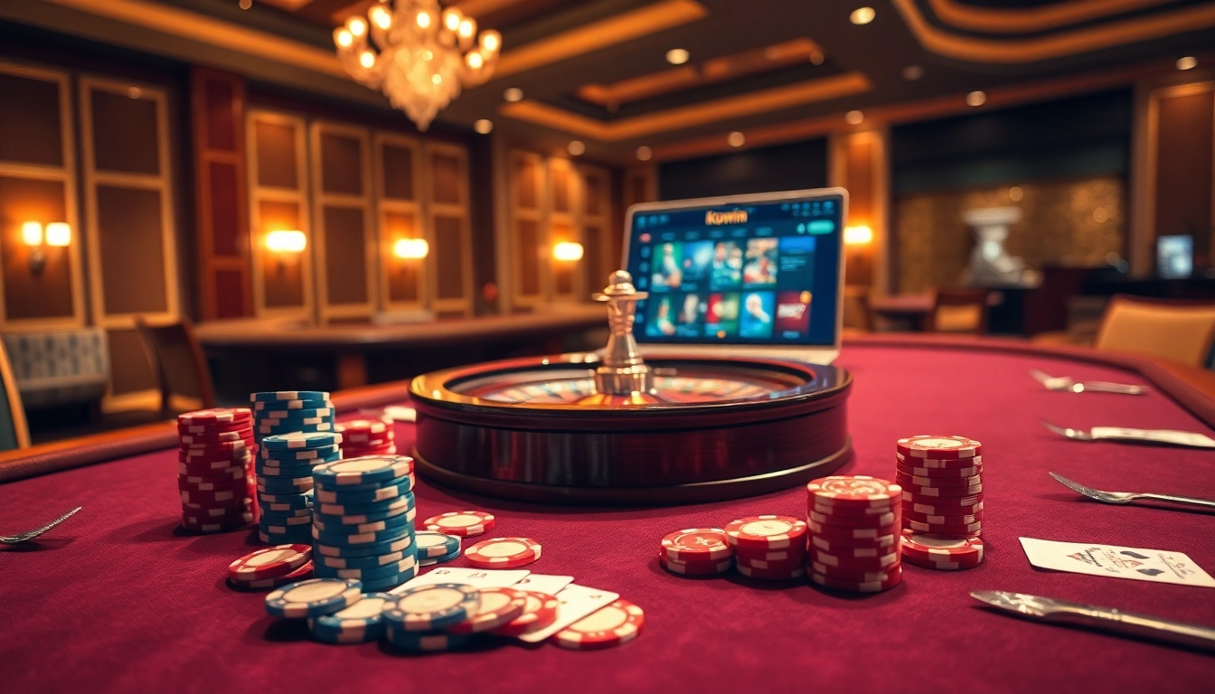 Experience the thrill of kuwin vip gaming with an upscale casino ambiance featuring poker chips and roulette.