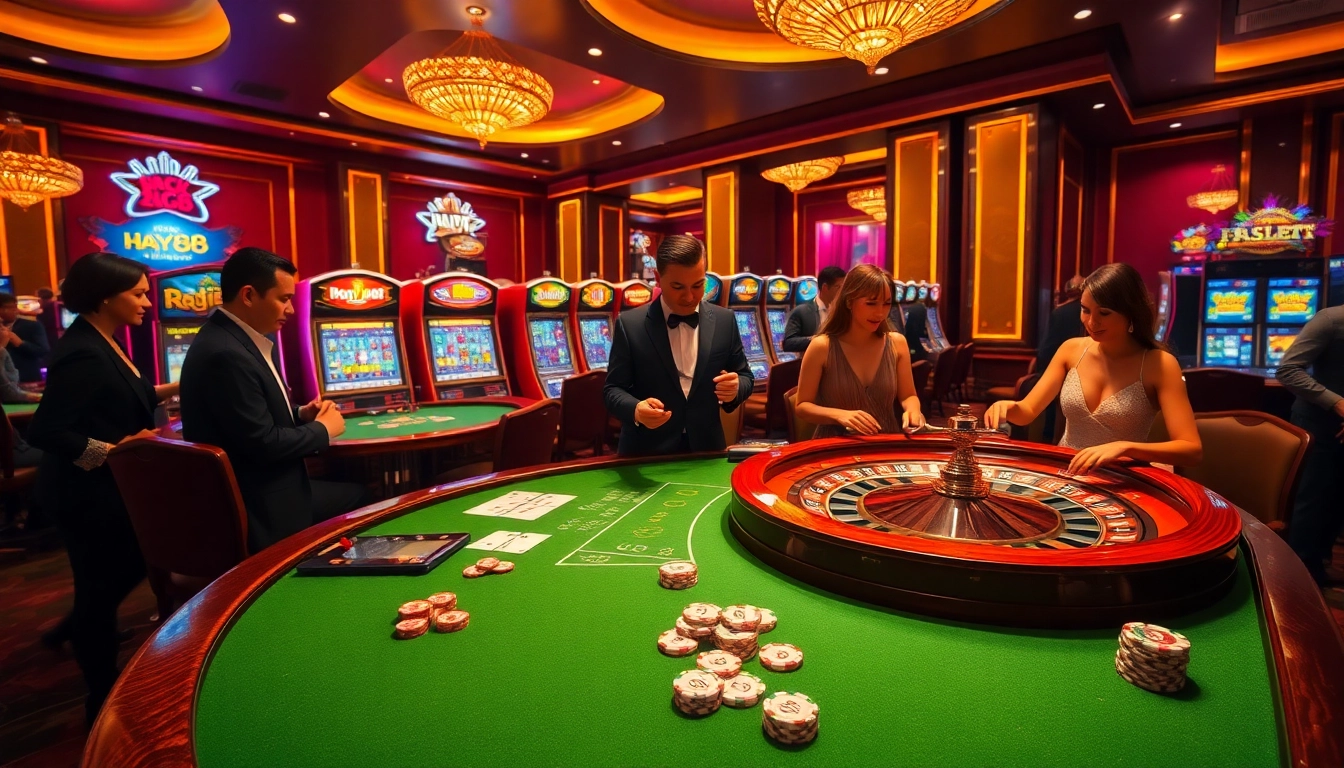 Gamblers experience excitement at hay88 casino with vibrant roulette gameplay, luxurious atmosphere.