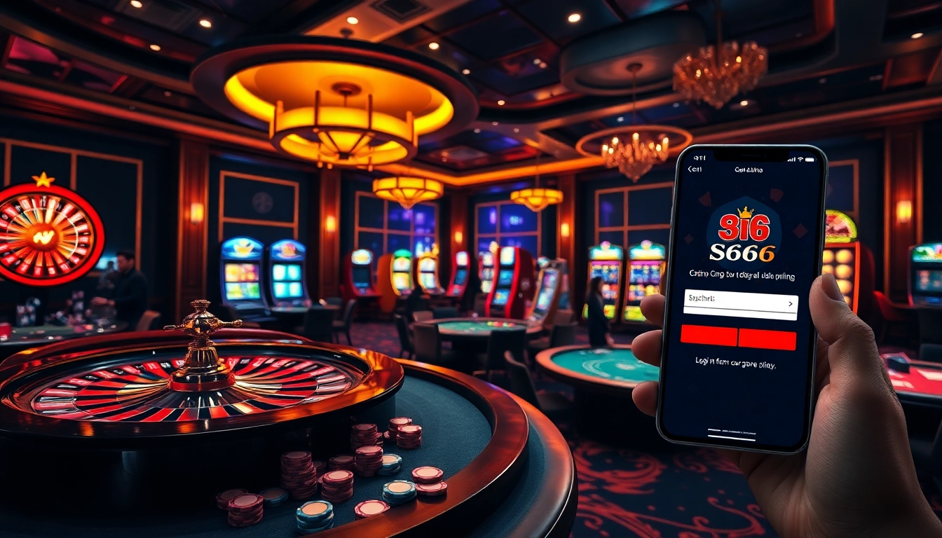 S666 dang nhap interface amidst a luxurious online casino scene with vibrant games and players engaging.