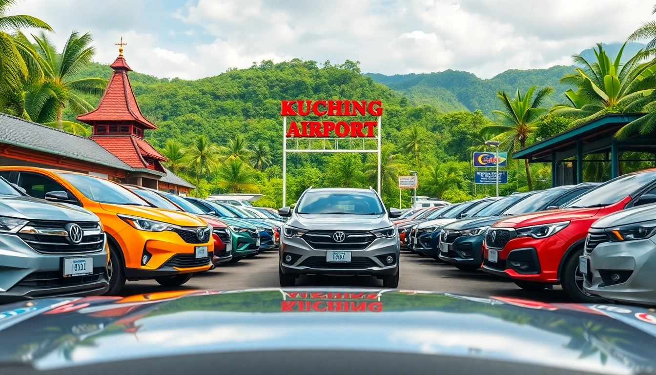 Exciting kuching car hire options at Kuching International Airport with lush tropical background.
