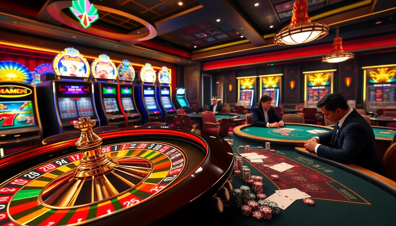Engage with the excitement of winning at https://99win1.us.com/ with a luxurious casino scene featuring poker and roulette.