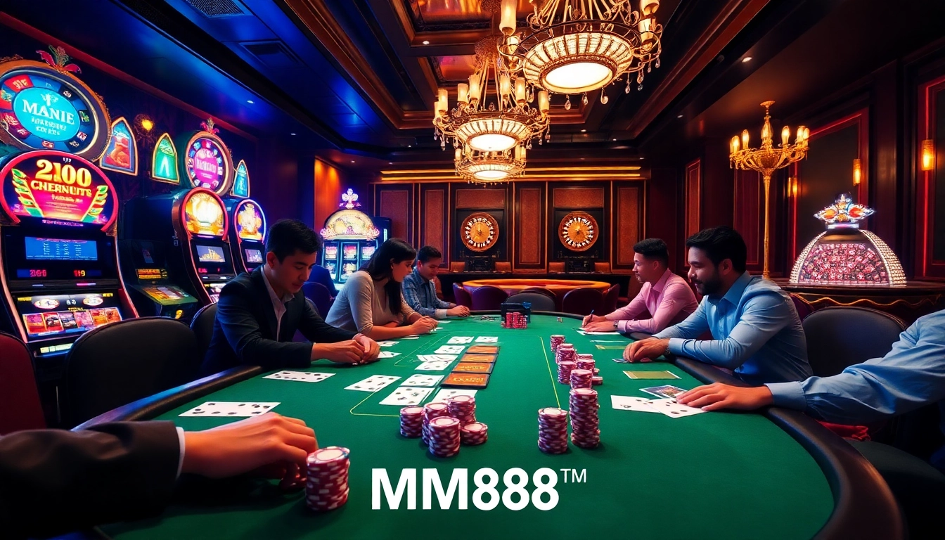 Players strategize in a high-stakes MM88 poker game amid an upscale casino atmosphere.