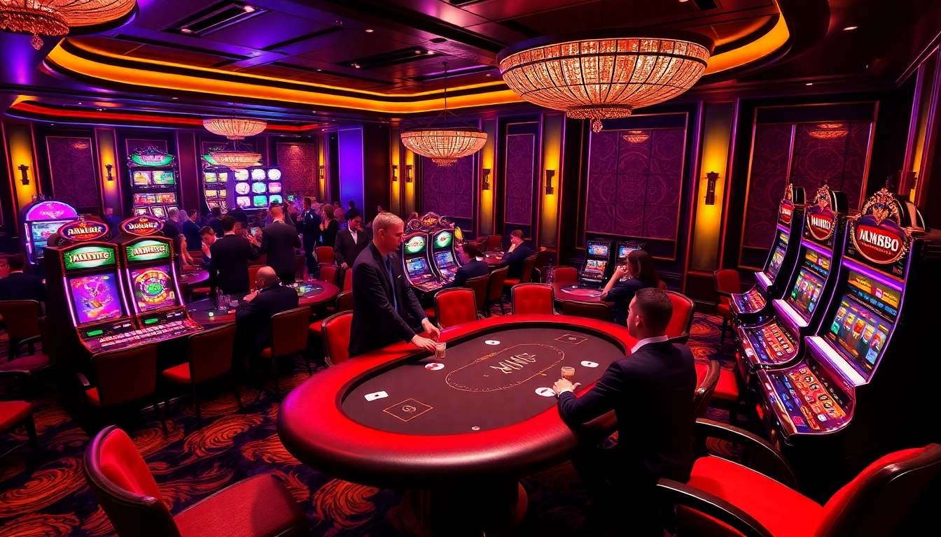 MM88 gaming lounge with poker players, vibrant slot machines, and roulette excitement