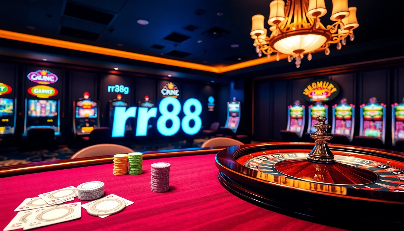 Experience the excitement of rr88 with a glamorous casino scene featuring poker tables and slot machines.
