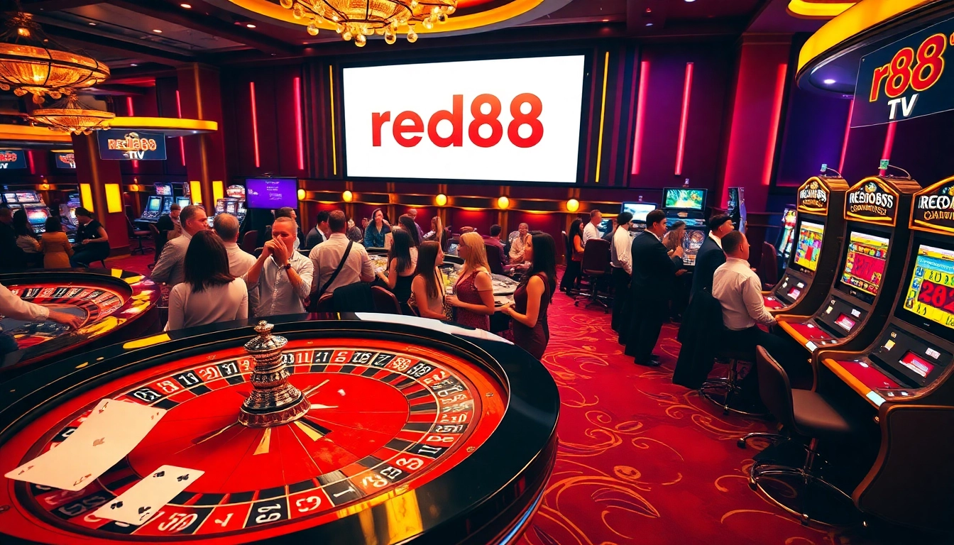 Players engage enthusiastically at the casino featuring the Red88 TV brand, deepening their gaming experience.