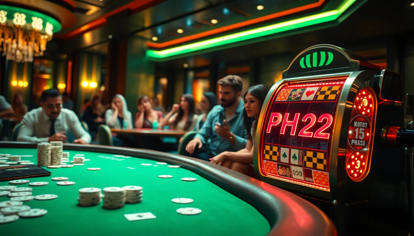 Experience thrilling gaming at PH22 with vibrant slot machines and engaging players in a luxurious casino setting.