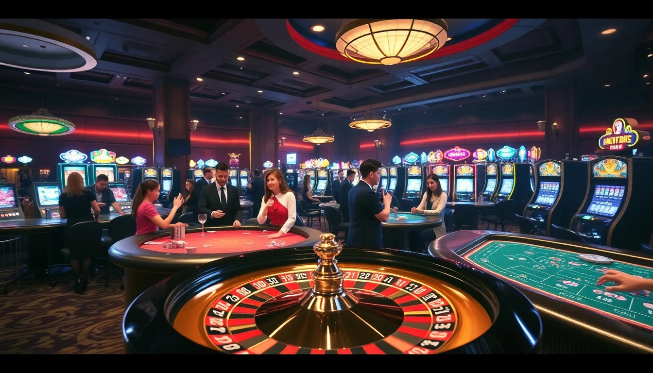 Experience the thrilling atmosphere of Jun 88 casino gaming with vibrant tables and excited players.