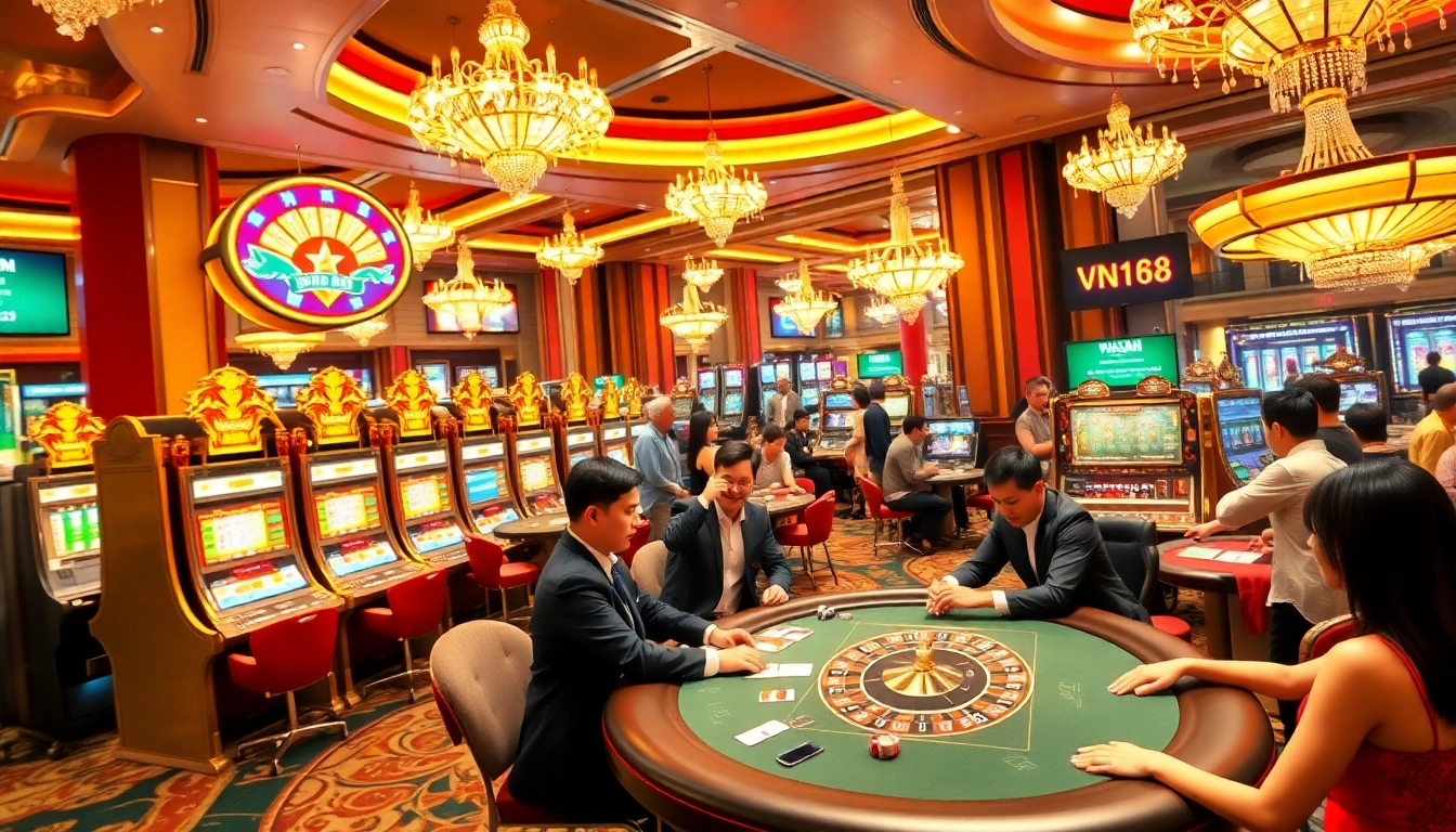 Engaging players at VN168 casino table, showcasing vibrant games and excitement.