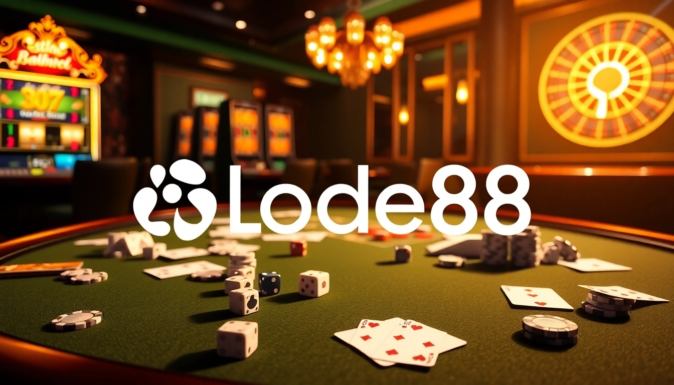 Lode88 online casino gaming scene with poker chips and dice in a luxurious setting