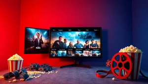 Promotional poster showcasing popular films for online streaming, featuring vibrant colors and dynamic design.