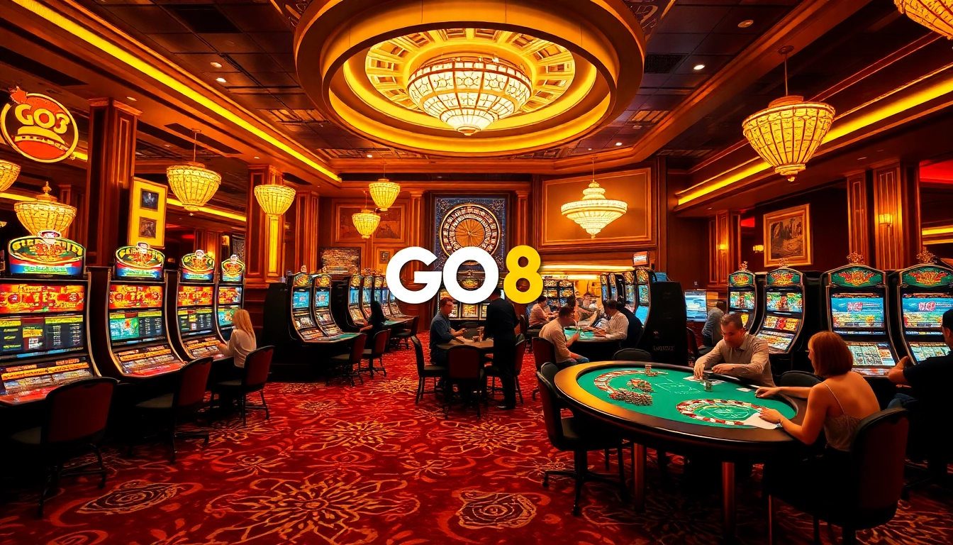 Experience the excitement of GO8 gaming at a luxury casino filled with vibrant slot machines and poker tables.