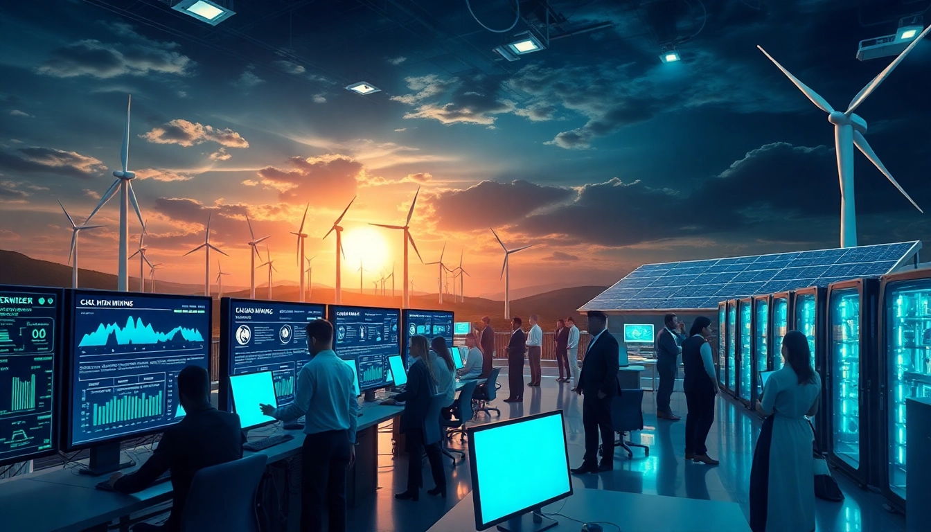 Free cloud mining facility showcasing sustainable energy sources and advanced AI technology for cryptocurrency mining.